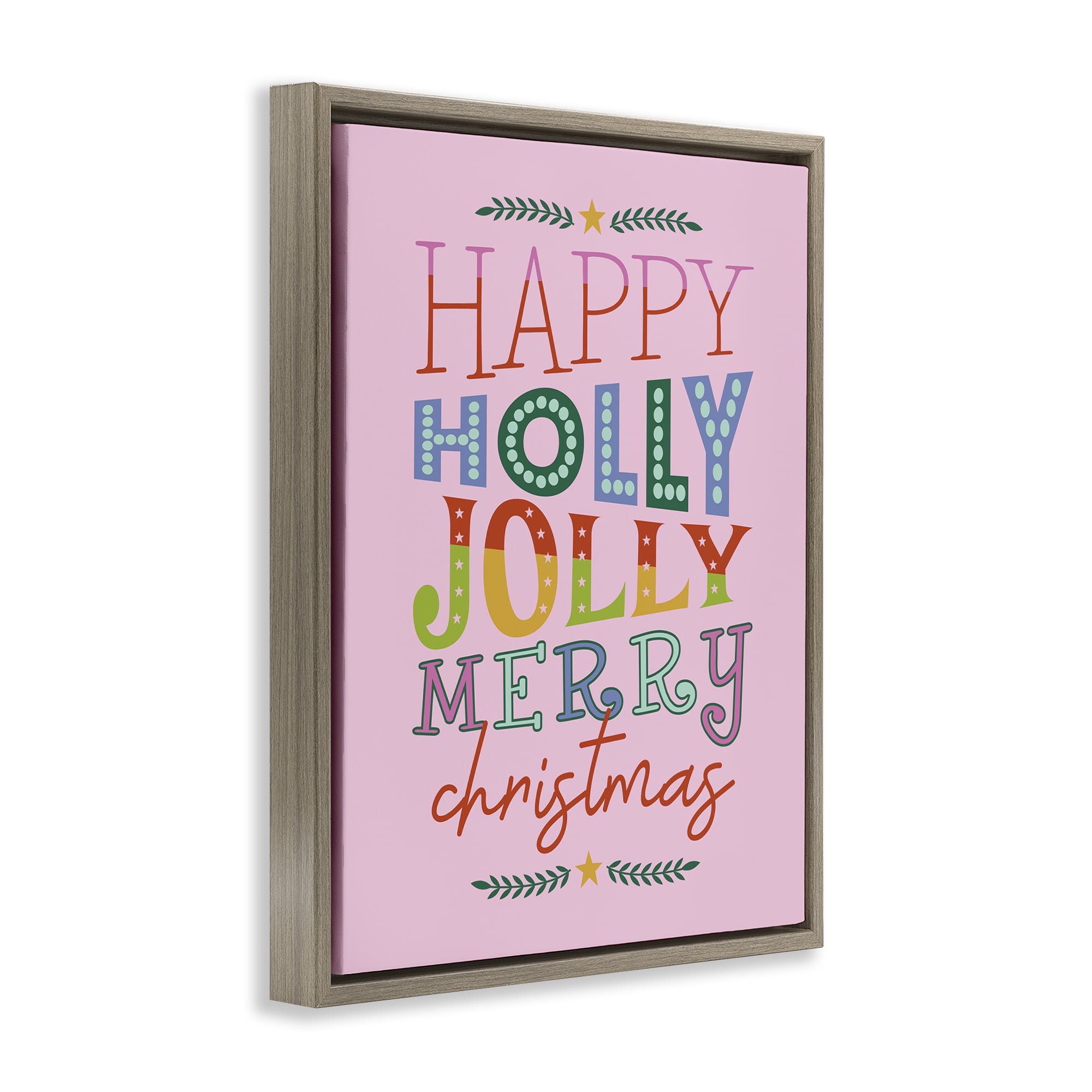 Stupell Industries Happy Holly Jolly Xmas Holiday Painting Brown Floater Framed Canvas Art Prints Wall Art, 17 x 21