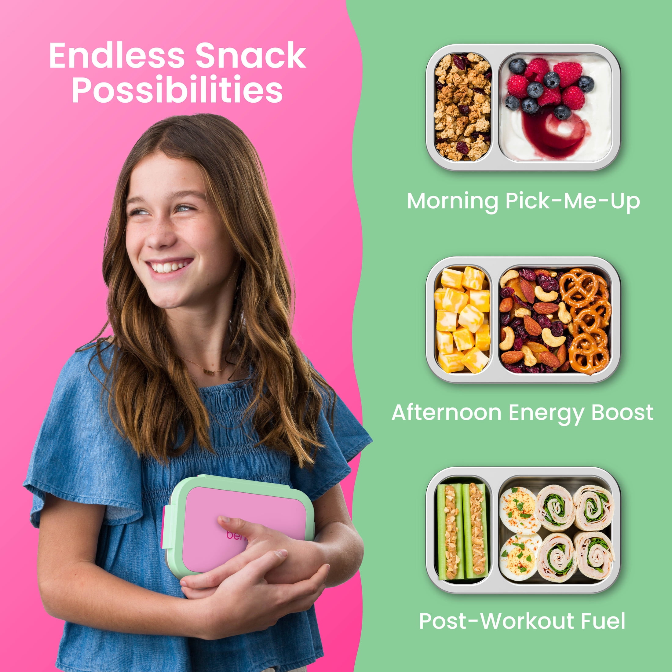 Bentgo Stainless Steel Snack Box - Leak-Proof, 2 Compartments, 2-Cup Capacity, Ideal for Kids 3+, Teens & Adults, Durable, Reusable (Strawberry)