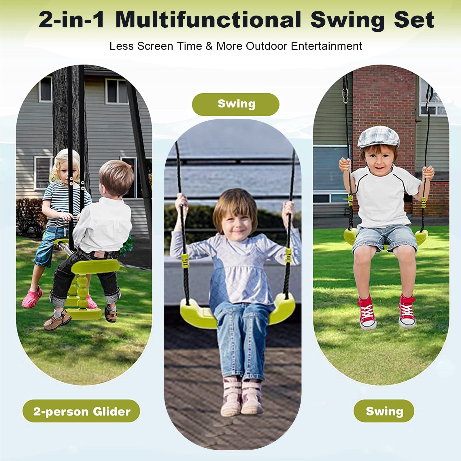 iRerts Outdoor Swing Sets for Kids, 3 in 1 Metal Swing Set with 2 Single Swings and 1 Swing Glider, Kids Playground Set for Backyard Garden Park, Kids Backyard Swing Set for Boys Girls