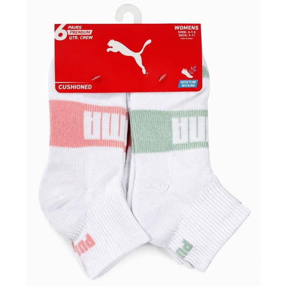 PUMA SOCKS WOMEN'S - QUARTER 263 - EDGE WHITE PEACH - SHOE SZ 5-9.5 - PACK 6