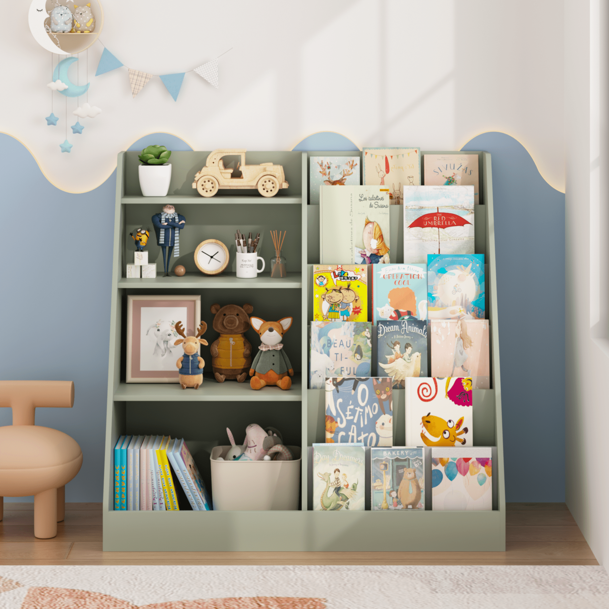Kids Bookshelf and Toy Storage Organizer, Multifunctional 4 Tier Wooden Kids Book Shelf with Bookcase Display Stand in Kids Room Playroom Nursery for Kids, Children, Toddlers (Sage)
