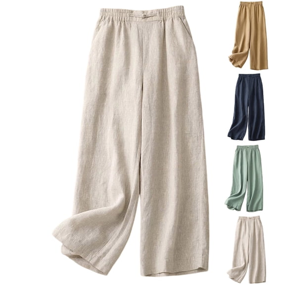 Ihhxva Women's High Waisted Straight Leg Linen Pants Elastic Waist Stretchable Solid Color Casual Office Trousers Slacks - Army Green L