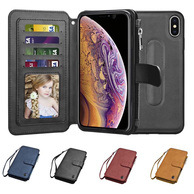 Wallet Phone Case For Apple iPhone XS Max / iPhone XS / iPhone X, Zipper Detachable Magnetic 8 Card Slots Card Slots Money Pocket Clutch Cover Zipper Wallet Purse Case Wrist Strap -Wine Red