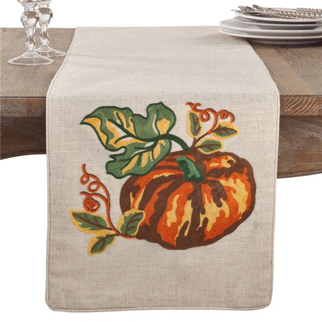 Saro Lifestyle 0835.N1472B Embroidered Pumpkin Design Fall Holiday Thanksgiving Table Runner - Natural
