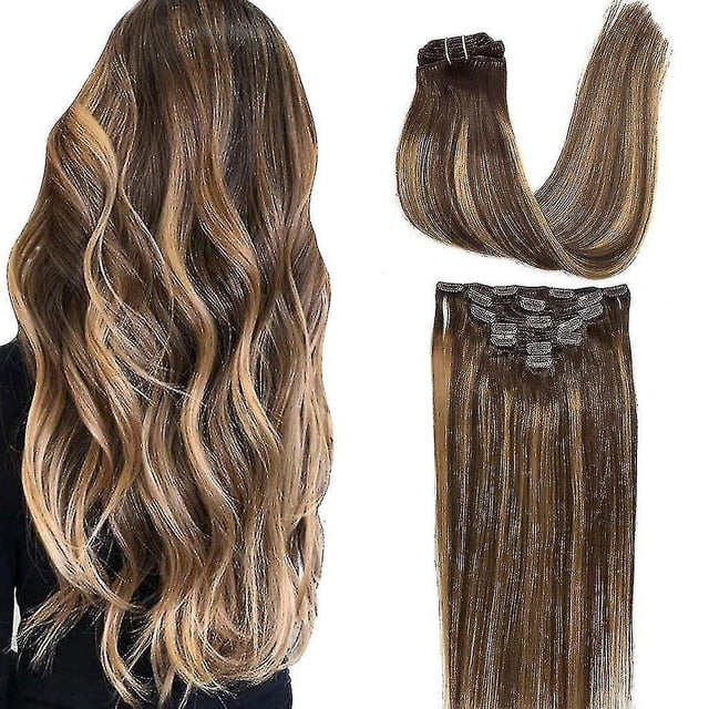 Clip en extensiones de cabello humano Remy marrón chocolate a caramelo rubio Balayage 7 piezas 120 g 14 pulgadas