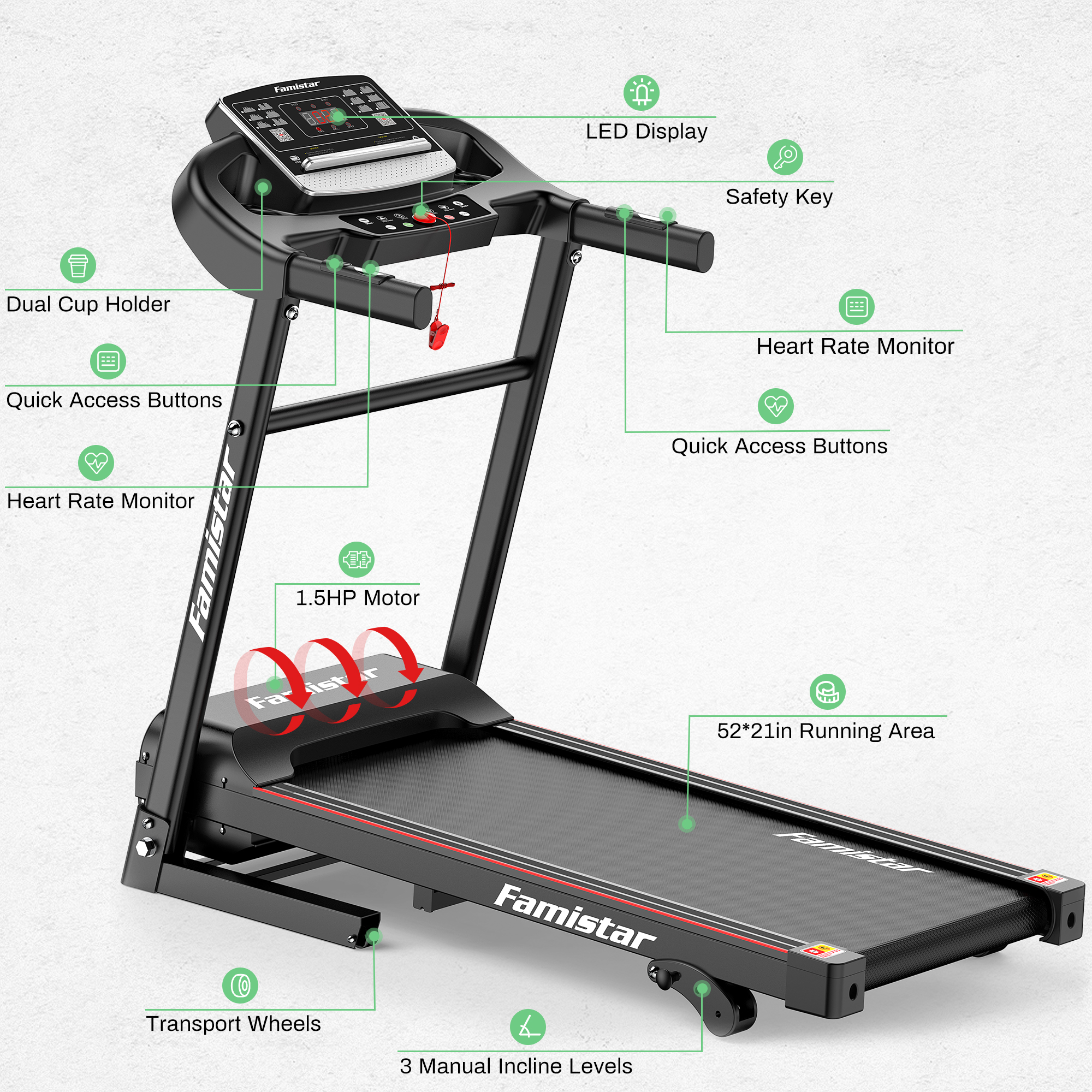 Famistar Folding Incline Treadmill for Home with Smart LCD Display, 265lbs, 12 Programs 3 Modes, MP3 Music Speaker, 2.5HP Electric Foldable Treadmill Running Machine, Knee Strap Gift - image 13 of 15