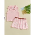 thumbnail image 5 of Elippeo Toddler Girl Summer Outfit 6 12 18 24 Months 3 4 Years Solid Color Ribbed Sleeveless Tank Tops and Daisy Print Pleated Skirts with Belt 2Pcs Clothes Set, 5 of 10