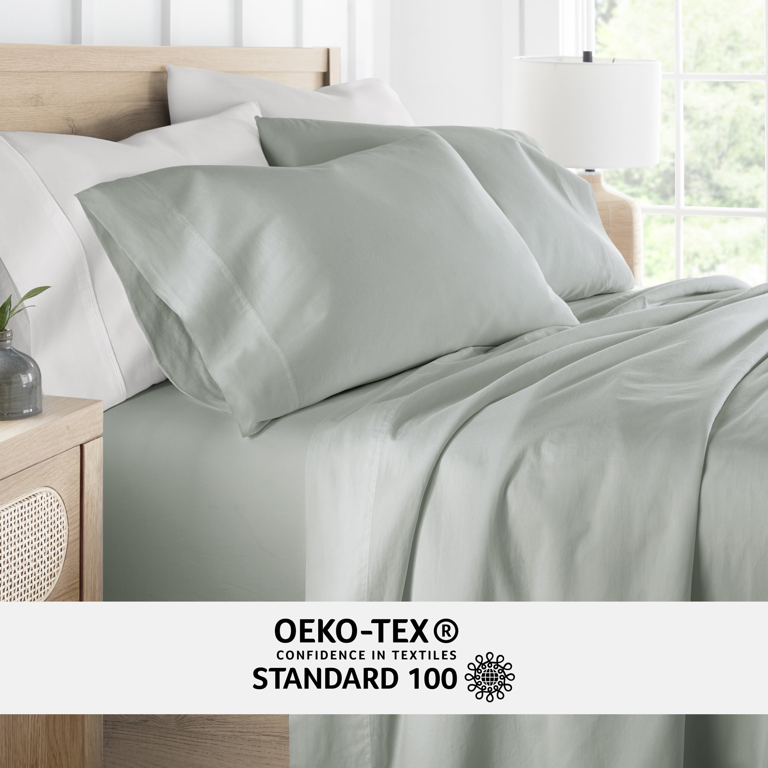 Noble Linens 300 Thread Count 4 Piece Cotton Sheet Set in Green Mist, Queen