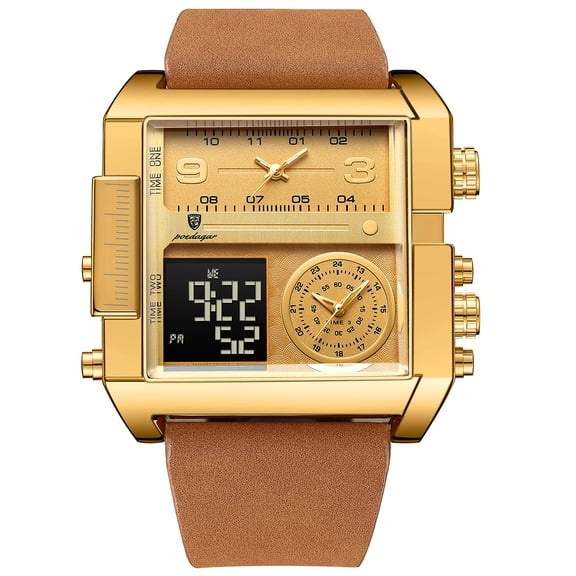 Men Luxury Luminous Waterproof Square Dial Digital Watch Analog Quartz Wristwatches Dual Display