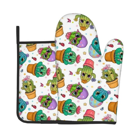 

Lukts Cactus And Insects Print Kitchen Heat-Resistant Gloves and Spacers 2pcs Set Suitable for Baking and Cooking