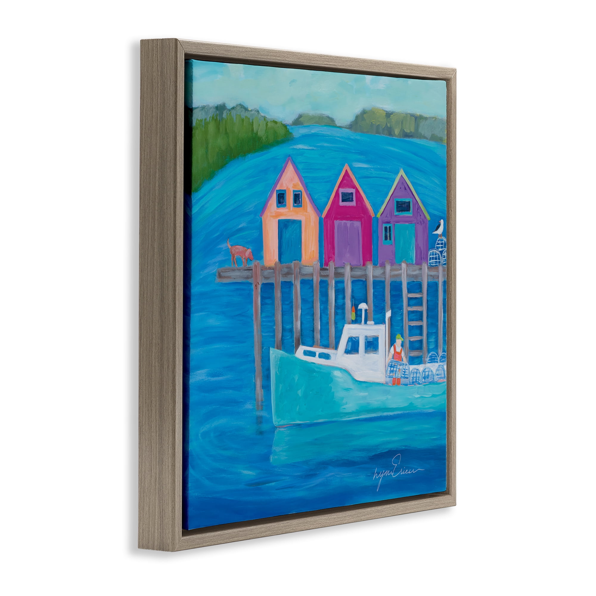 Stupell Industries Work Day at Seaside Village Brown Framed Floater Canvas Wall Art, design by Lynn Ericson Fine Art