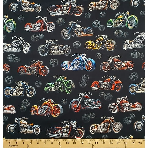 Cotton Motorcycles Motorbikes Gears Flames Race Racing Heavy Metal Quilting Treasures Cotton Fabric Print by the Yard (2600-30706- J)