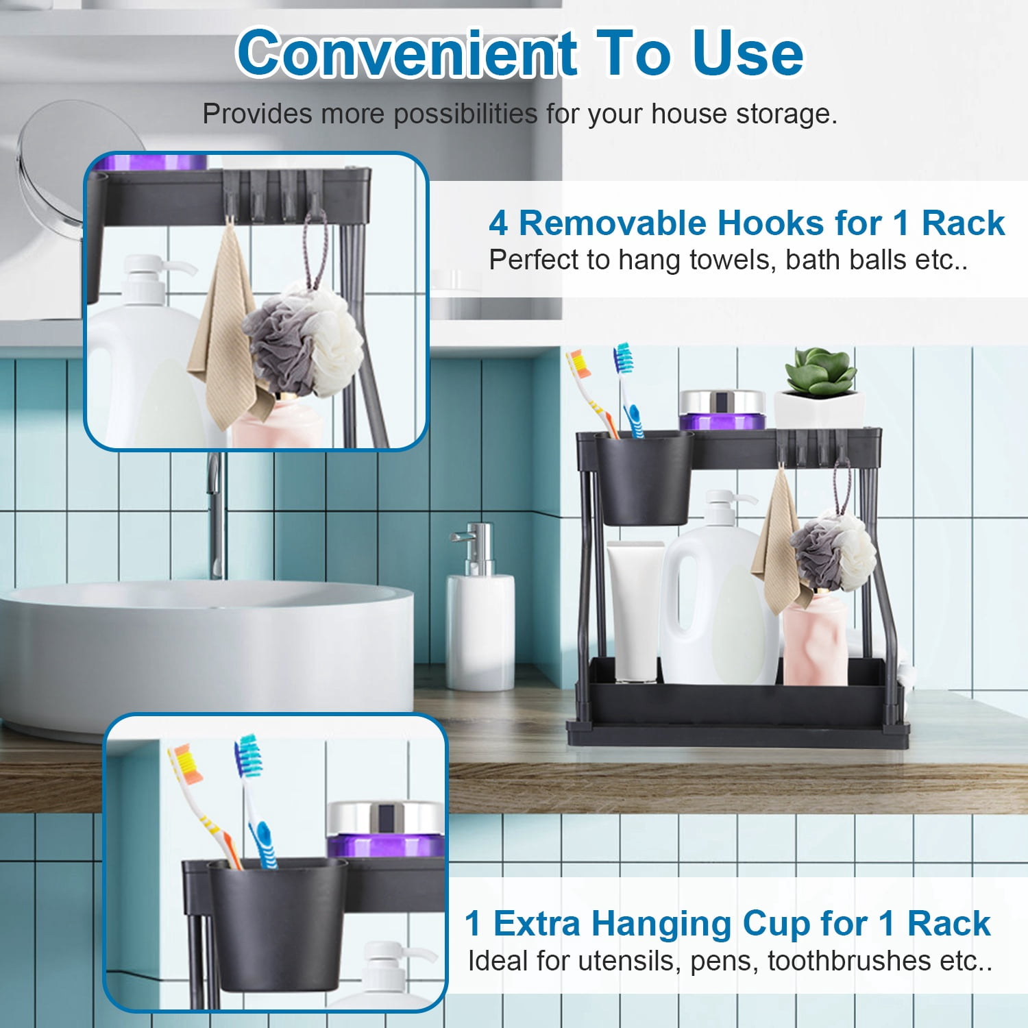2 Pack 2-Tier Under Sink Organizer and Storage Sliding Cabinet Organizers Storage Shelves with 8 Removable Hooks 2 Hanging Cups for Bathroom Kitchen Office