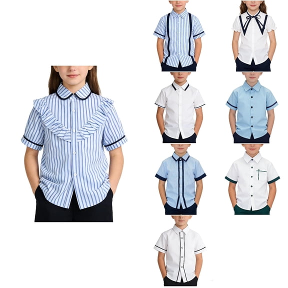 Antinious Toddler Summer Solid School Uniform Short Sleeve Button Closure Soft Shirts for Boys Girls,Light Blue,130