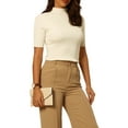 thumbnail image 4 of INSPIRE CHIC Women's Mock Neck Blouse Half Sleeve Basic Knitted Tops 2XL Beige, 4 of 5