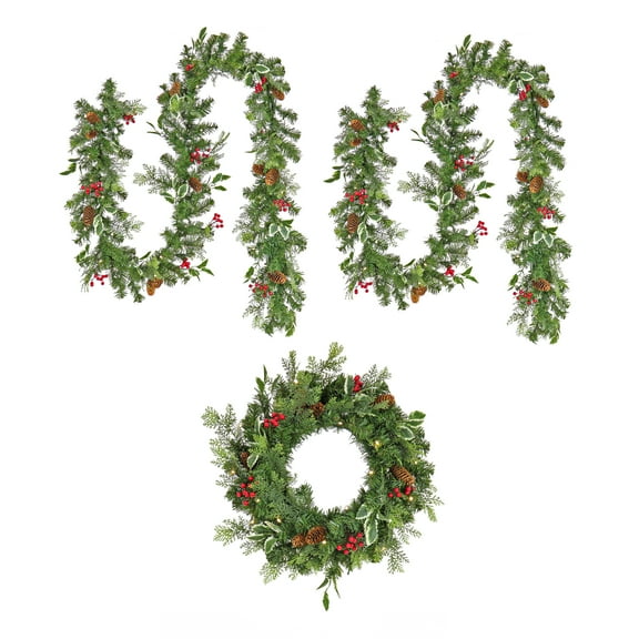 National Tree Company  Pre-Lit Holly Berry Wreath and Garland Assortment - 9 ft