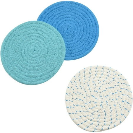 

3 Pieces Round Thread Weave Coaster Washable Heat Resistant Non-slip Braided Drink Hot Pad Pot Holders Absorbent Woven Coaster for Kitchen Cooking Dinning 7 Inches Diameter - Blue