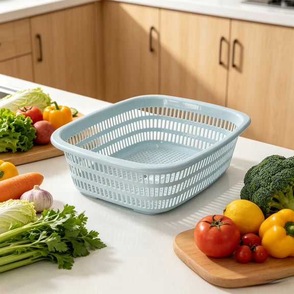 VVQ Large Plastic Vegetable Basket, 12.2x9.45x3.15 Inch Multipurpose Kitchen Storage Basket for Produce Bread, Sturdy Rectangular Colander with Holes for Pantry Counter Fridge, Blue