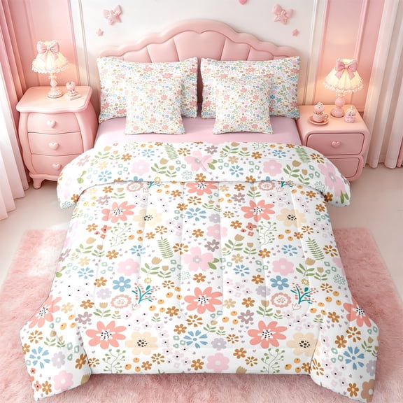 jejeloiu Colorful Daisy Flower Twin Bedding Sets 7-Piece,Vintage Floral Bedding Comforter Set,Pink White Blue Sheet Sets For Girls,Ultra Soft Home Decor Reversible