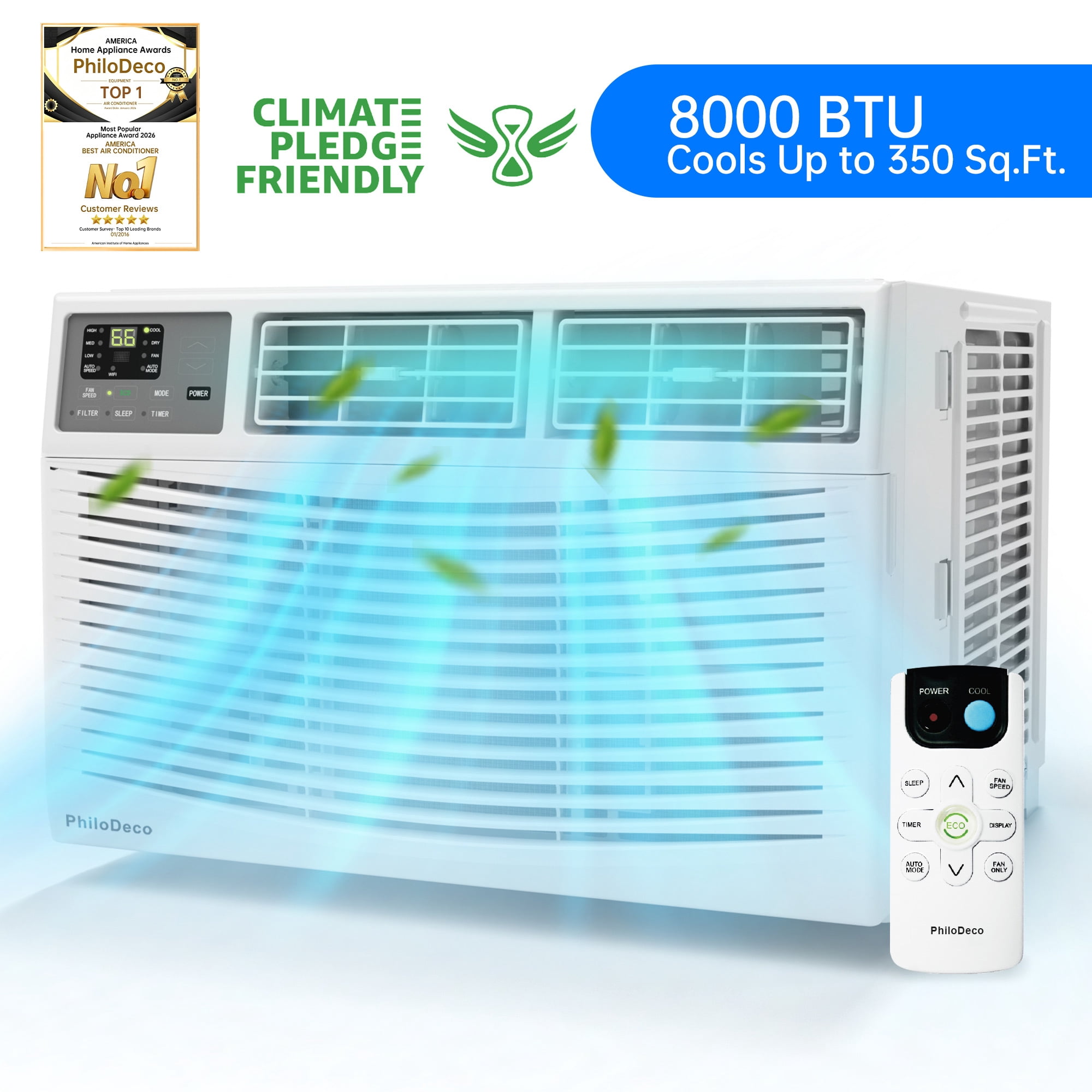 PhiloDeco 8000 BTU Window Air Conditioner 350 Sq. ft. Intelligent, LED Display Screen, with Remote Control,Ac Can Be Used as a Dehumidifier/Fan, Operates Quietly, Energy-Saving. Timer/Sleep and ECO