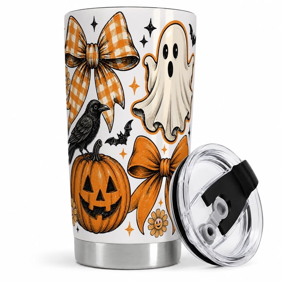 Gingham Bow Ghost Pumpkin Tumbler, 20oz Insulated Drinkware for Fall Fans Stainless steel insulated tumbler with lid, gingham bow, ghost, crow, and pumpkin art for water, iced coffee, or tea