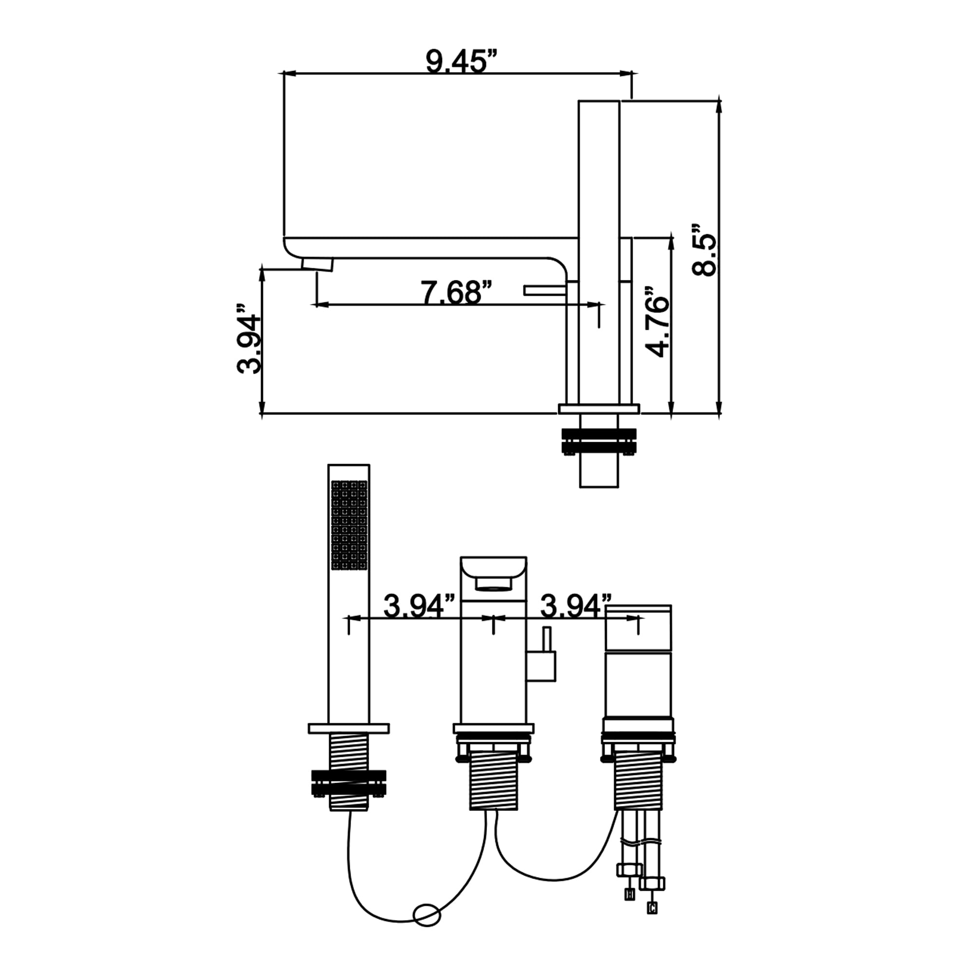 Three Holes Deck Mounted Bathroom 360 Degree Rotable Bathtub Faucet, Two Handles Roman Tub Filler with Hand Shower
