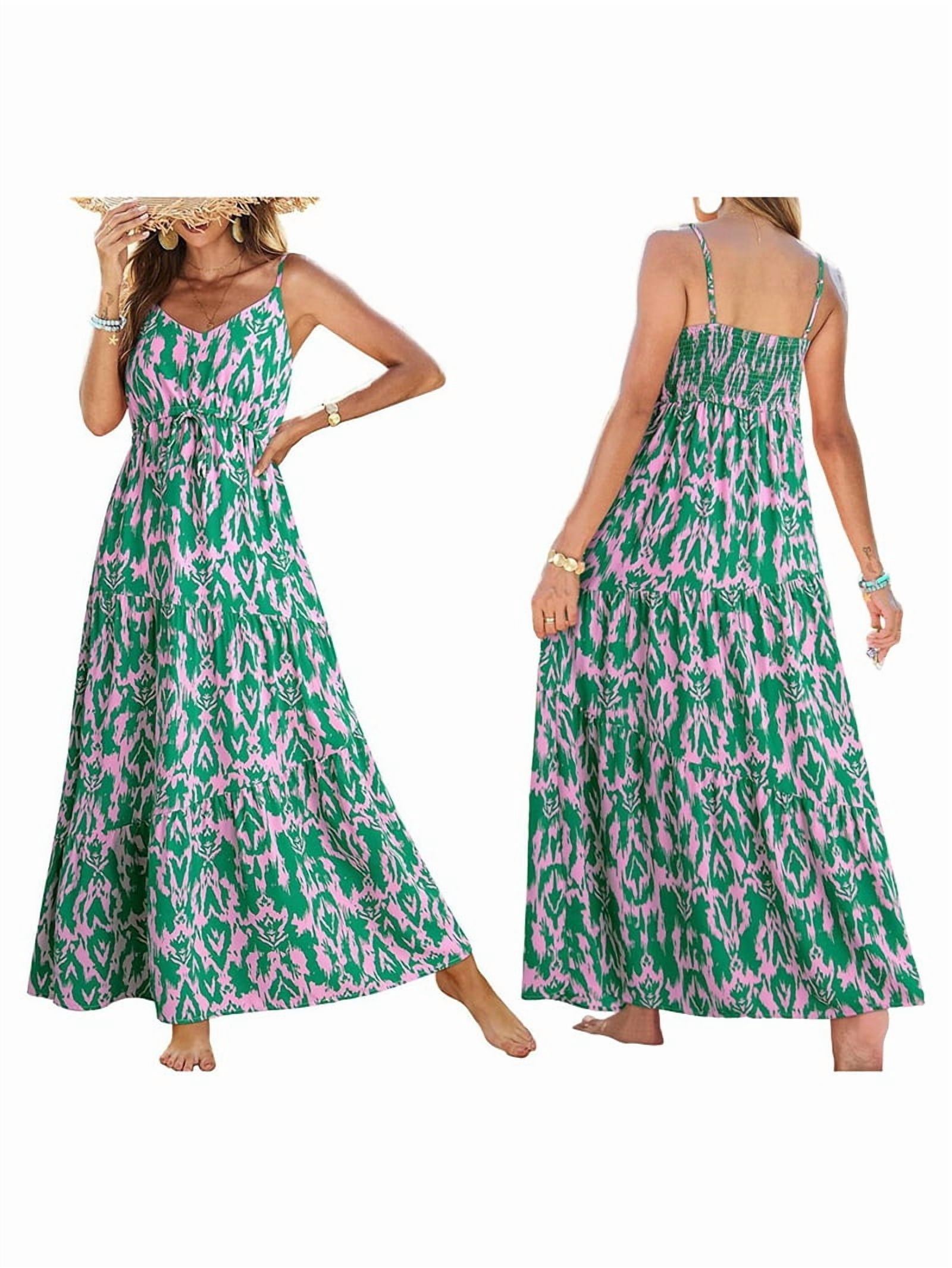 Summer Dress Casual Womens Boho Dress Sleeveless Printed Long Tiered Maxi Dress Beach Dress 2025 Green L