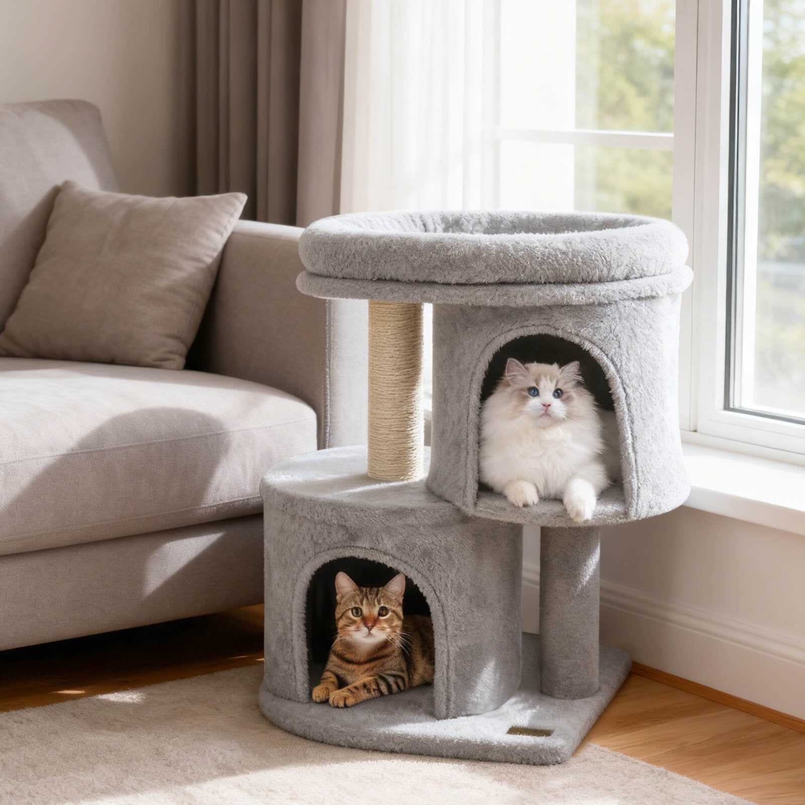 Costway 26” Small Cat Tree with Large Padded Plush Perch, 2 Condos, Sisal Scratching Posts Light Gray