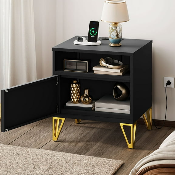 Craftian Bedside End Table with Storage & Charging Station, Nightstand for Bedroom, Black