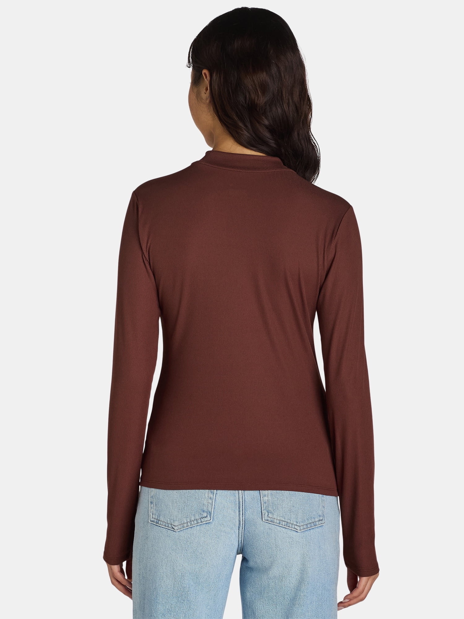 No Boundaries Ribbed Mock Neck Top with Long Sleeves, Women’s and Women’s Plus