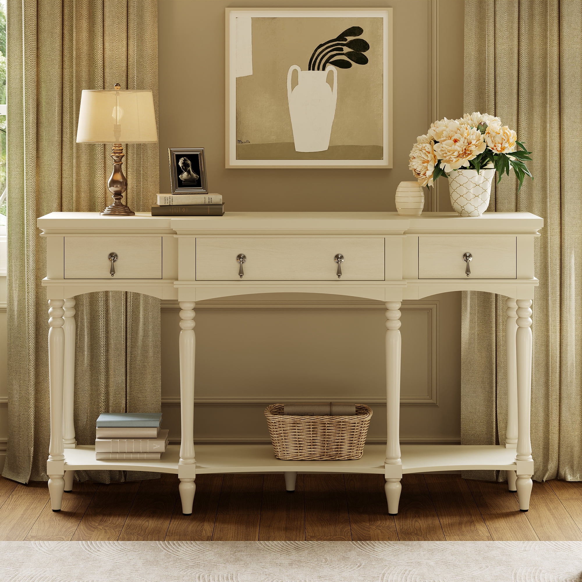 Euroco 57.8" Console Table with 3 Drawers, Narrow Long Sofa Table with Bottom Storage Shelf & Turned Roman Legs, Entryway Table for Living Room, Hallway,White