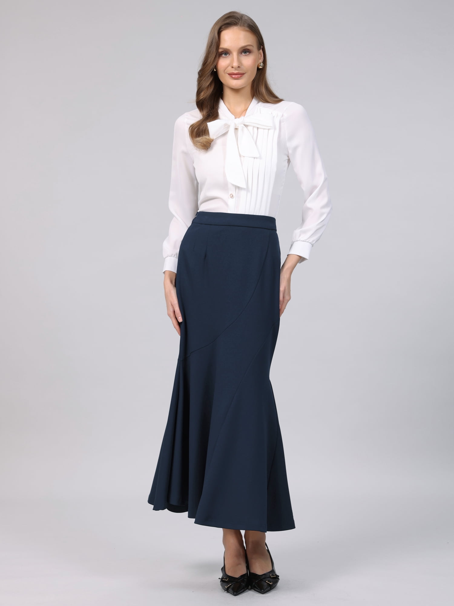 DARING DIVA Women's Fishtail Long Skirt High Work Maxi Mermaid Skirts S Navy Blue