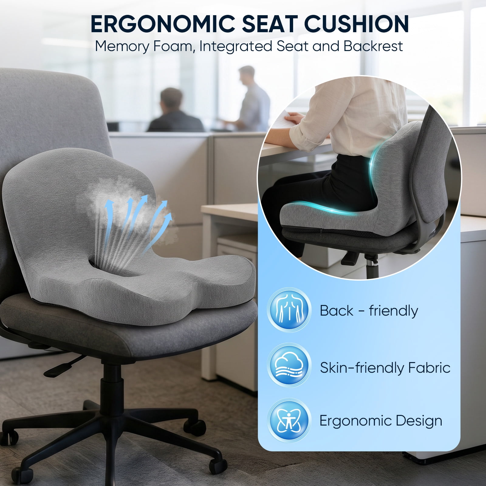 AMTPM Seat Cushion with Lumbar Support - L-Shaped Ergonomic Memory Foam Office Chair Cushion for Long Hours, Car Seat & Home Office (Light Gray)