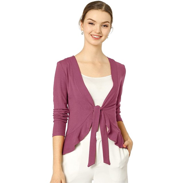 Women's Tie Front Metallic Ruffled Long Sleeve Open Cardigan