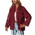 thumbnail image 2 of QATAINLAV Womens Sequin Patchwork Jacket Casual Button Front Lapel Denim Shacket Fall Long Sleeve Jean Coats with Pocket, Wine, L, 2 of 6