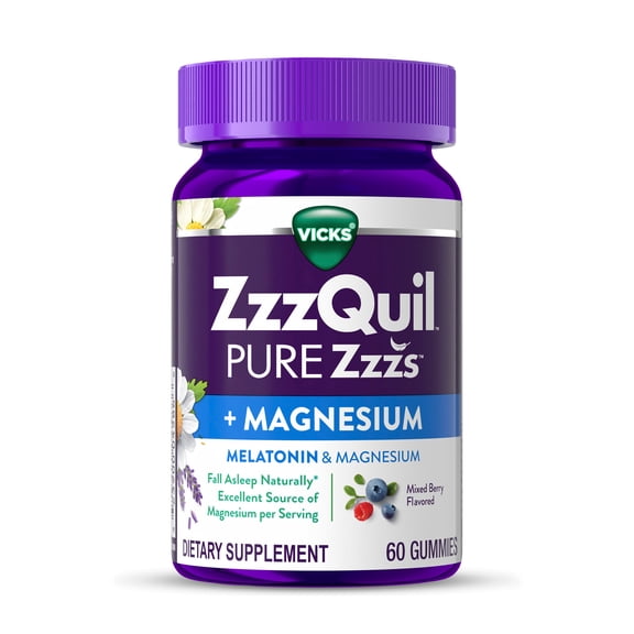 ZzzQuil PURE Zzzs Melatonin   Magnesium Sleep Aid Gummies, 2mg, Mixed Berry, 60 Count