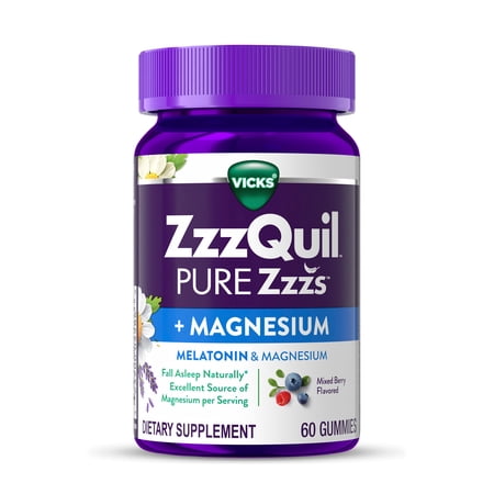 ZzzQuil PURE Zzzs + Magnesium, Sleep Aid, Magnesium Citrate and Melatonin Gummies, Melatonin 2mg, Mixed Berry Flavored, 60 Sleep Gummies