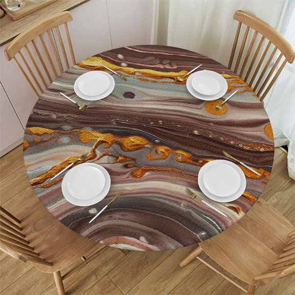 Chilfamy Marble Fitted Tablecloth Round, Brown Marble Elastic Edge Polyester Decorative Tablecloths, Round Table, Stain & Wrinkle Proof Fabric Table Clothes for Family  White