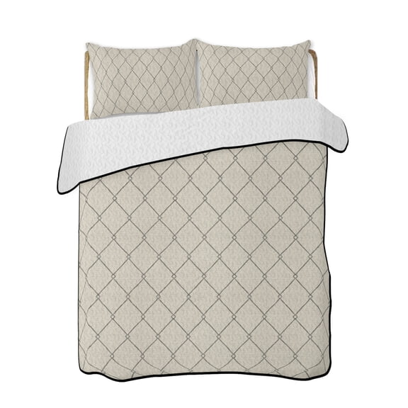 Full Size Quilt Bedding Set, Grey Beige Lattice Geometric Reversible Summer Quilt 3 Pieces, Luxury Abstract Art Lightweight Bedspreads Coverlets with 2 Pillow Shams for All Seasons