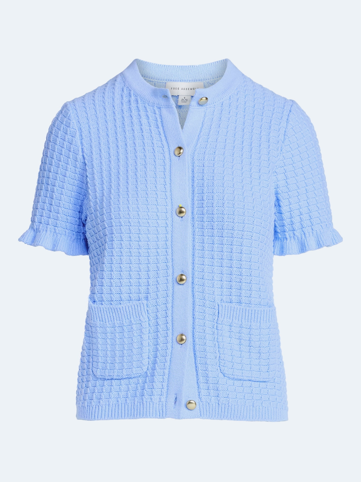 Free Assembly Women's Cotton Basketweave Cardigan Sweater with Short Ruffle Sleeves, Lightweight, Sizes XS-XXL