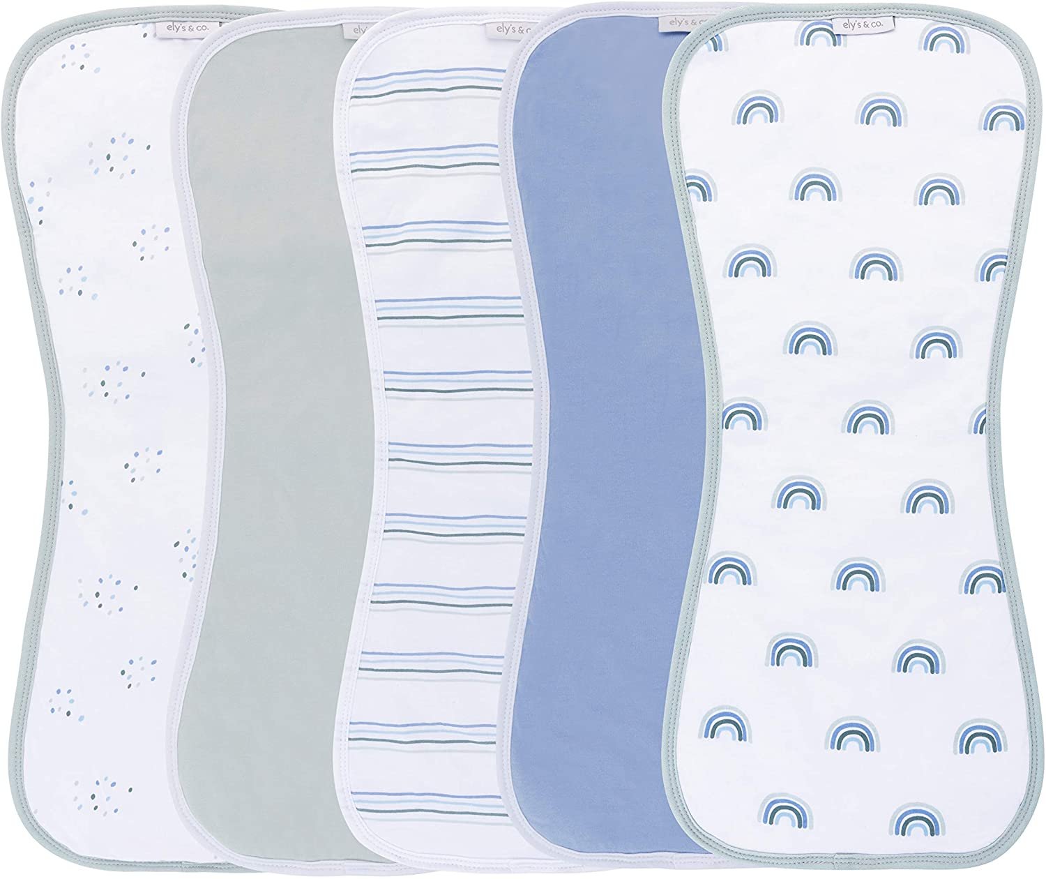 Ely's & Co. Hourglass Shape Fleece Burp Cloths 5-Piece Set - 100% Jersey Knit Cotton with Extra Absorbent Fleece Inner-Layer for Baby Boy  (Blue Rainbow Combo)