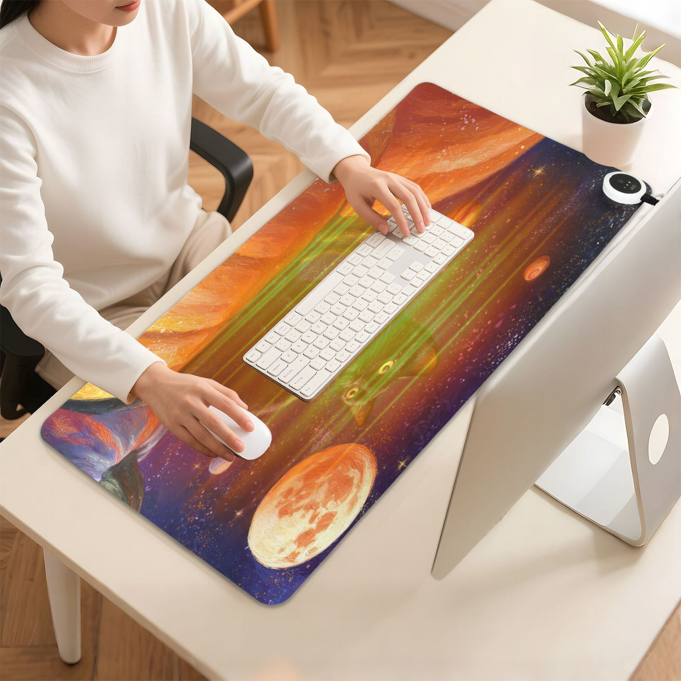Large Heated Desk Mat Mouse Pad 31.5"x13"PU Leather Graphene Heating Desk Warmer with 3 Temperature Settings 110V US Plug Non-Slip Warm Pad for Home, Office, and Gaming Black Cat Pumpkin and Planet