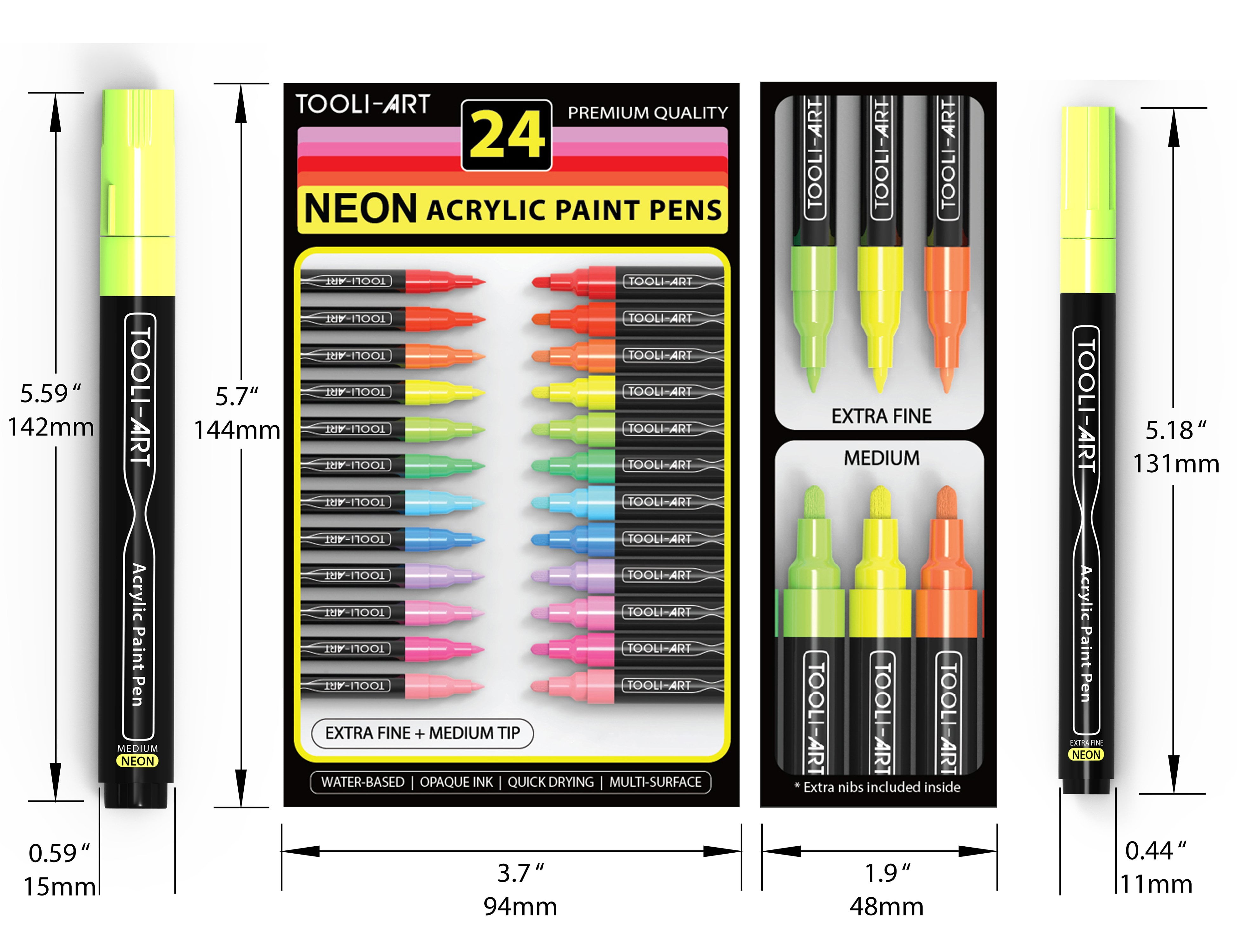 Tooli-Art Neon Fluorescent Acrylic Paint Pens Marker for Rocks, Glass, Mugs, and Most Surfaces with 0.7mm Extra Fine and 3.0mm Medium Tip Marker Set of 24