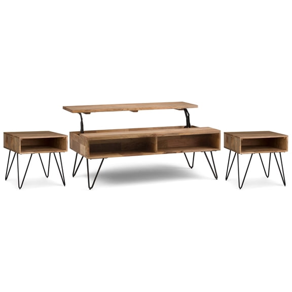 Simpli Home Hunter Solid Mango Industrial 48 inch Wide Lift-Top Coffee Table with 2 22 inch Wide End Tables in Natural (Set of 3)