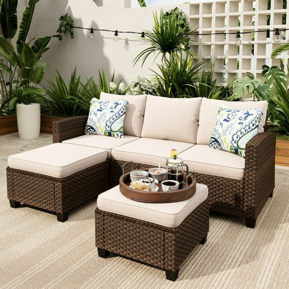 Sophia & William 3 Pieces Wicker Patio Furniture Set Outdoor Couch with 2 Ottomans and Beige Cushions