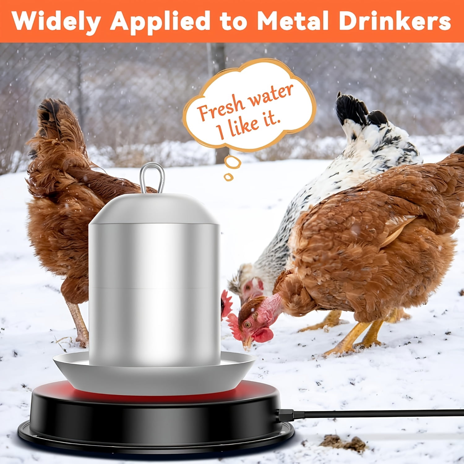 80W Chicken Water Heater with Heated Base - 120V, US Plug, Durable Plastic, Ideal for Winter Deicer, Pet Water Heater for Metal Poultry Founts
