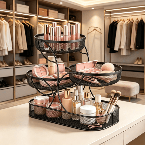 Beiou Makeup Organizer , Metal Bathroom Countertop Organizer Skin Care Storage, Easy to Store Lipsticks, Perfumes, Eyeshadow Palettes, Black ,4 Tier