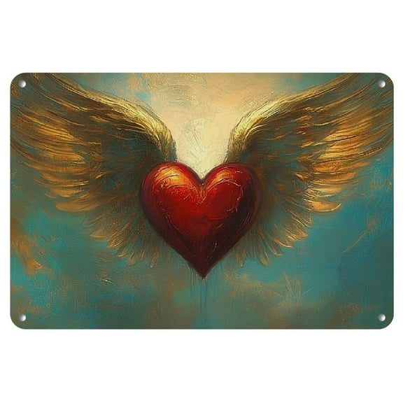 Room Decor 1pc Vintage Heart with Wings Metal Iron Sign, 12x8 Inch, Wall Art Decor, Weather-Resistant, Pre-Drilled, with HD Printing for Outdoor, Home Bar, Club, Man Gift