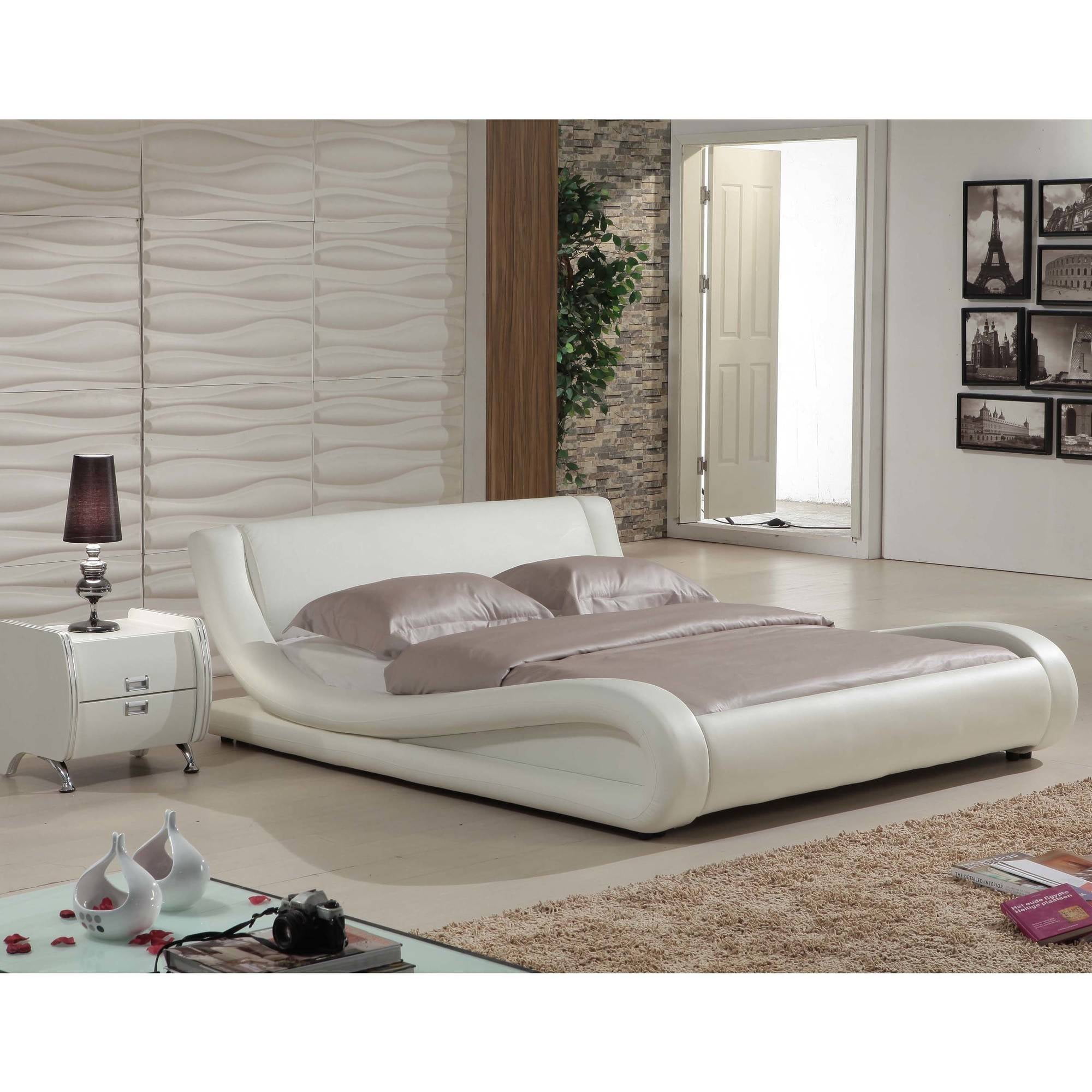 Dona Contemporary Faux Leather Platform Bed, White, Queen