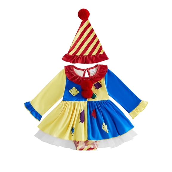 WIBACKER Newborn Baby Girls' Clown Costumes Halloween Long Sleeve Tutu Romper Dress Hat Cosplay Clothes 0-3 Months